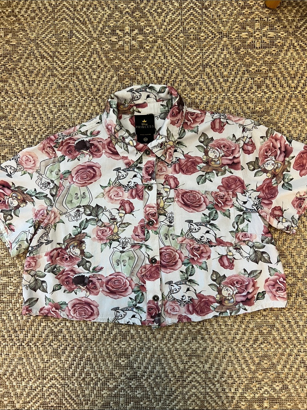 Disney Princess Beauty and the Beast Cropped Shirt with Roses Size Small
